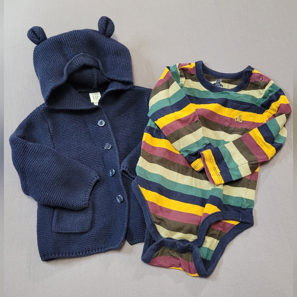 Baby GAP Navy Knit Teddy Bear Hoodie And Striped Onesie